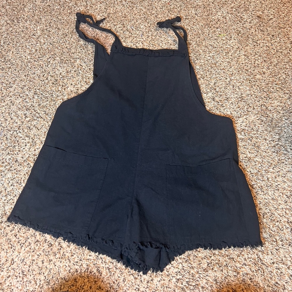 Polly Romper Overalls Black Frayed Hem Tie Strap Pockets Casual S